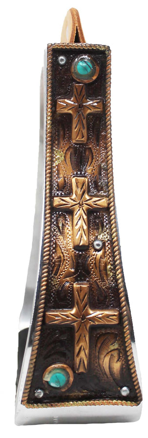 Western 5" Wide Barrel Racer Aluminum Copper Cross Engraved Show Stirrups #50128